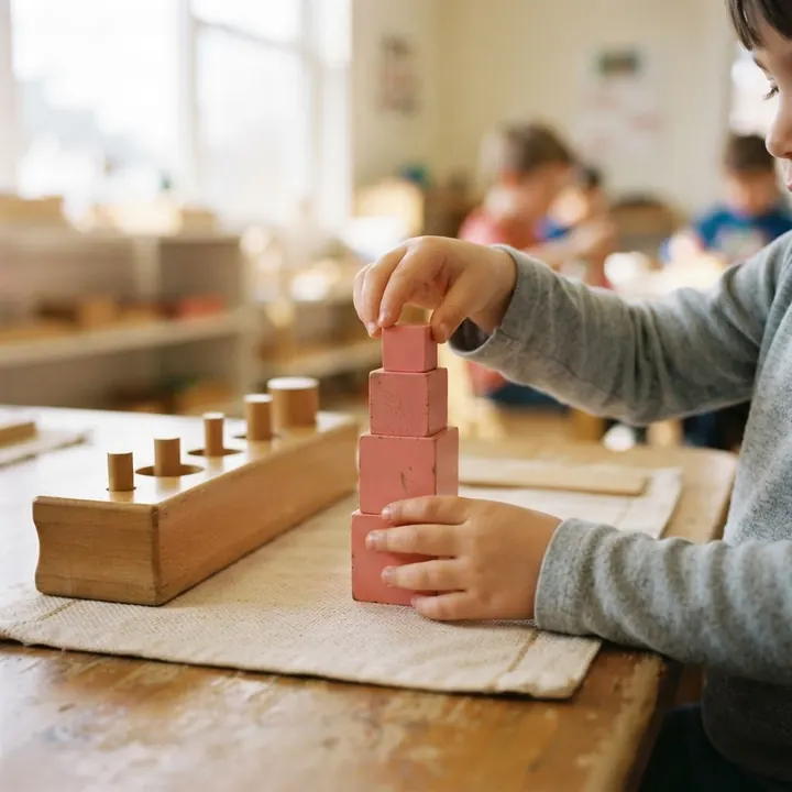 Child's hands working with wooden Montessori sensorial materials at Pinnacle Academy